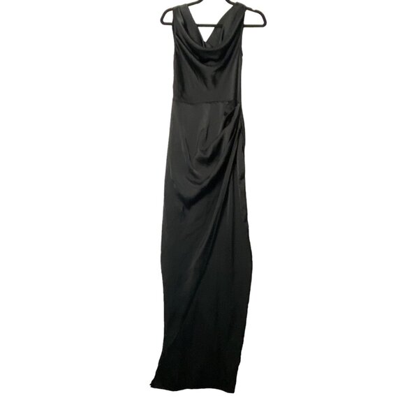 PrettyLittleThing Black Satin Cowl Neck Draped Maxi Dress US 4 UK 8 Formal LBD - Picture 2 of 10